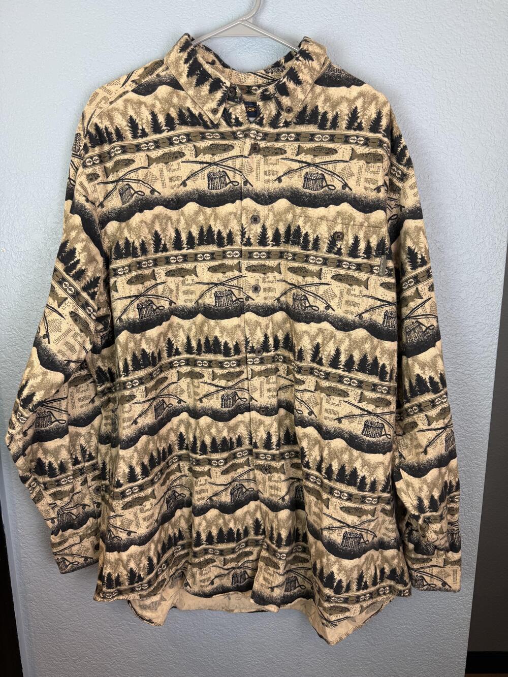 Woolrich Shirt Mens 2XL Beige Black Cotton Fishing Outdoors Trees Fish Print